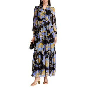 DVF Diane von Furstenberg Olenna Maxi Dress Womens Small Blue Black Long Sleeve